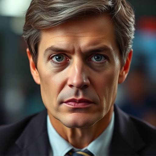 Primer plano de un presentador de noticias con expresión seria mirando a la cámara